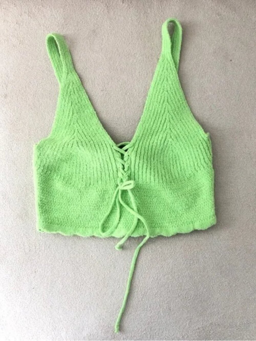 NEW Zara Knit Tank Top Lime Green V Neck Crop Tie Front Summer Neon Size Small